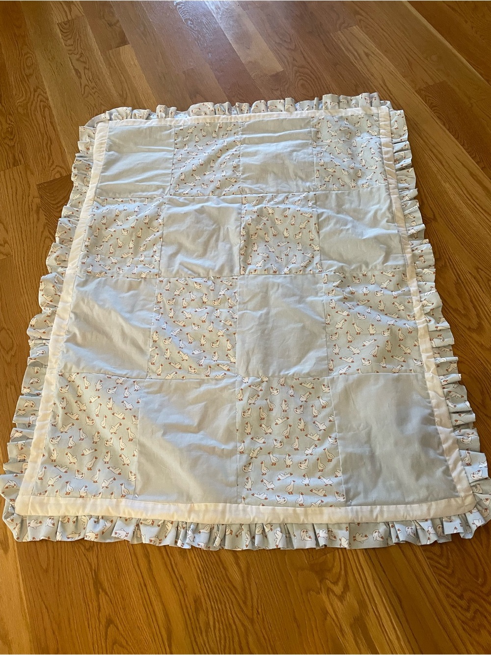 Silly Goose Soft Blue Baby Quilt with Ruffle Edge - Neutral Nursery Blanket